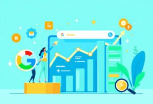 Image illustrant la domination des résultats Google avec un graphique de croissance, une barre de recherche et des icônes de référencement. Représentation visuelle du succès en SEO et de l'optimisation pour les moteurs de recherche.