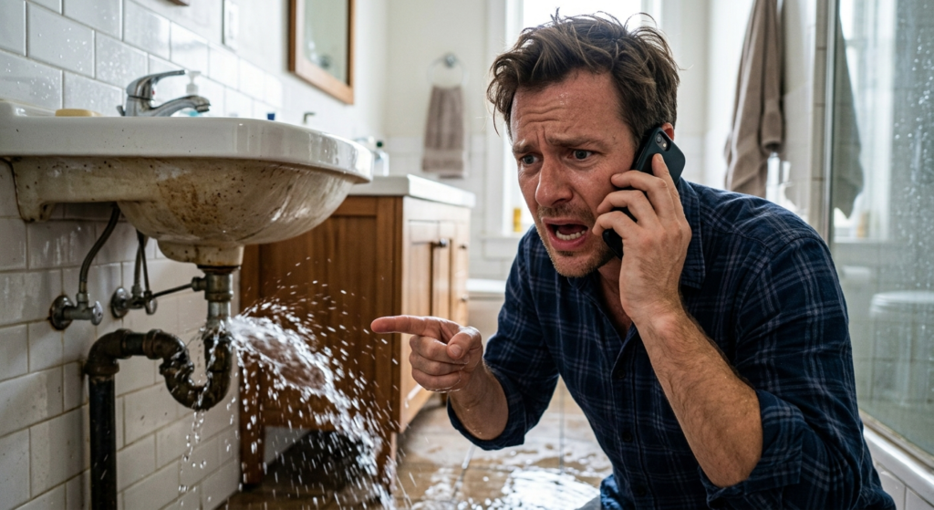 Plan rapproché d'un homme en panique, le téléphone à l'oreille, pointant du doigt une fuite d'eau importante qui s'échappe d'un raccord sous un lavabo. L'arrière-plan est légèrement flou, montrant une pièce d'eau.