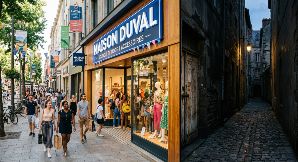 Une image split-screen (partagée). À gauche, une avenue commerçante lumineuse, pleine de passants devant une boutique avec une grande enseigne claire et accueillante. À droite, une ruelle pavée étroite, mal éclairée, avec une porte d'atelier bois sans aucune indication.