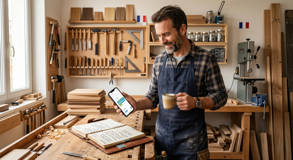 Un artisan fier, dans son atelier bien rangé, consultant sereinement son agenda de chantiers rempli. Il tient un smartphone d'une main et un café de l'autre, avec un léger sourire de satisfaction.