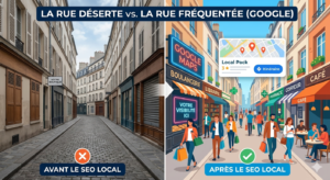ne moitié montre une rue déserte, symbolisant le manque de visibilité sans SEO local, tandis que l'autre moitié représente la rue principale animée de Google, avec du trafic et une visibilité locale.