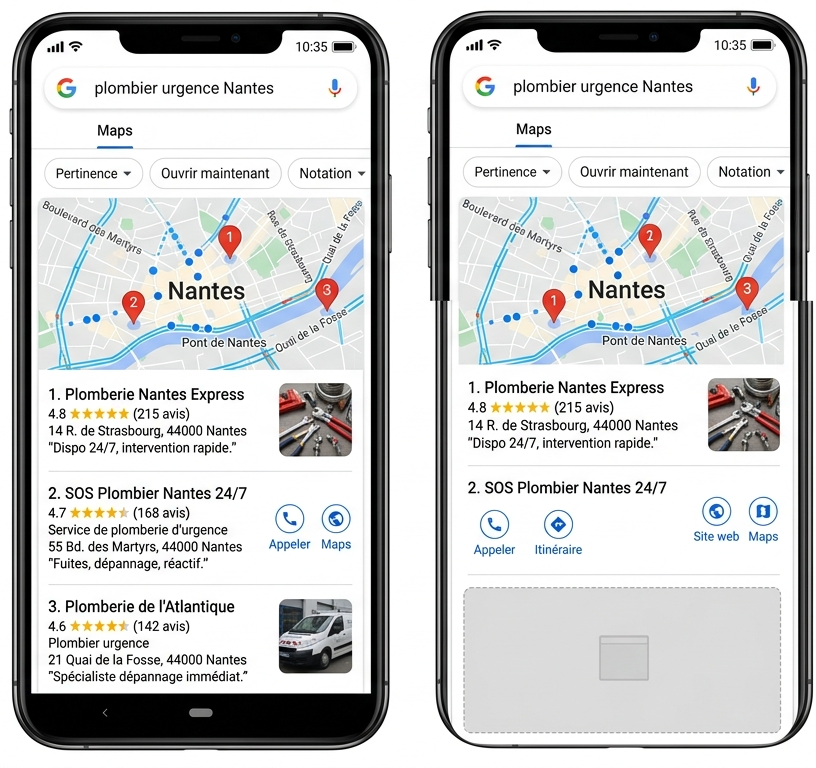 Capture d'écran d'une recherche Google Mobile "plombier urgence Nantes". En haut, la carte Maps (Pack Local) avec deux épingles et deux fiches d'entreprises bien visibles avec des étoiles. En bas, une zone grisée vide ou une fiche sans informations, symbolisant l'artisan invisible.